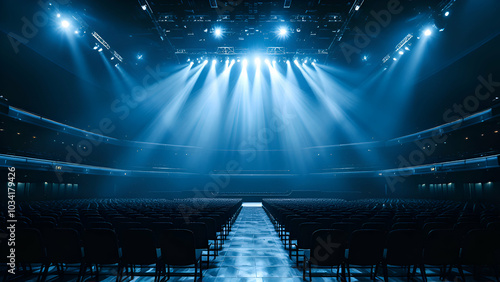 A dark blue concert hall with rows of empty black seats facing the stage. Bright white spotlights illuminate the stage and the floor in front of the seats.