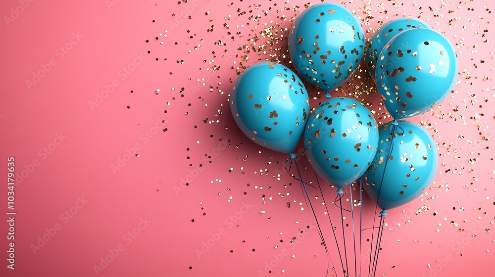 Colorful blue balloons with confetti on a pink background. Colorful blue balloons with confetti on a pink background.
