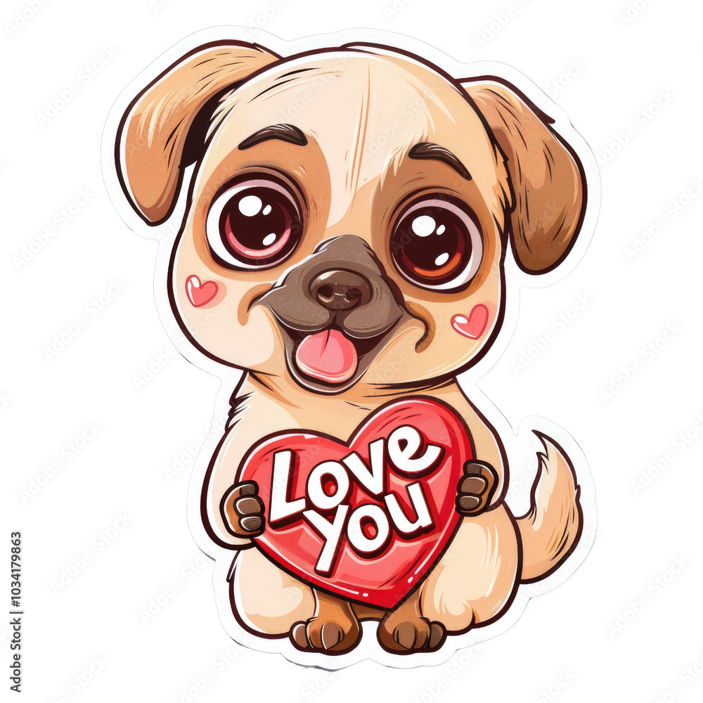 Naklejka premium Cute Cartoon Pug Holding Heart with 