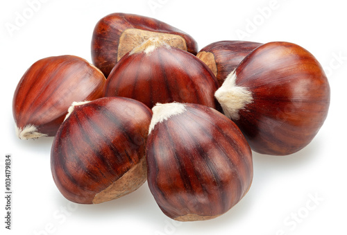 Raw chestnuts isolated on white background. Portuguese traditional snack autumn street food.