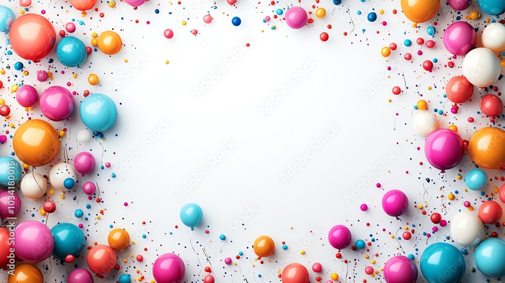 Colorful spheres and confetti surrounding a blank space for text or design. Colorful spheres and confetti surrounding a blank space for text or design.