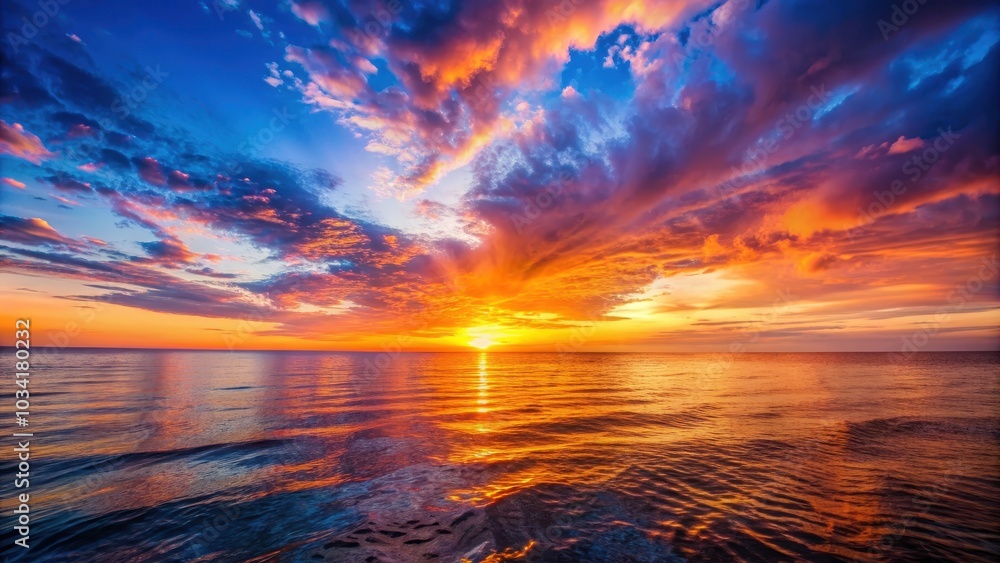 Fototapeta premium Vibrant sunset casting a warm glow over the calm sea , sunset, sea, ocean, water, sky, clouds, horizon, evening, twilight
