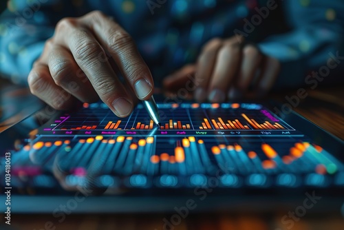 A person is pointing at a screen with a lot of numbers and graphs