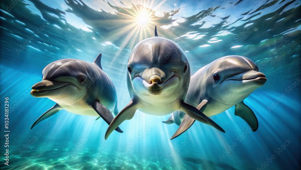 Fototapeta premium A trio of dolphins swim through the crystal-clear ocean water, bathed in the golden rays of the sun, creating a mesmerizing underwater scene.