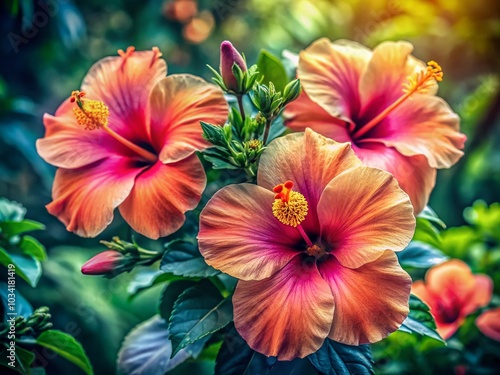 Vibrant Blossom Hibiscus Flowers in Watercolor Style - Macro Photography for Nature Lovers