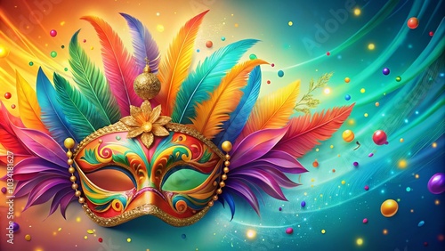 Vibrant Carnival Online Party Invitation Card with Festive Mask and Feathers on Gradient Background for Live Stream