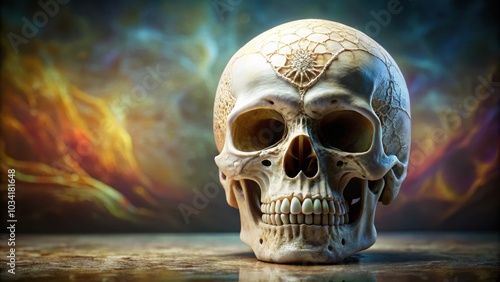 A human skull with a delicate web-like pattern on the top of the head, resting on a surface in front of an ethereal and colorful background.