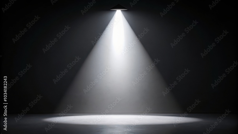 A Single Spotlight Illuminates a Dark Room, Casting a Cone of Light on the Floor A Single Spotlight Illuminates a Dark Room, Casting a Cone of Light on the Floor
