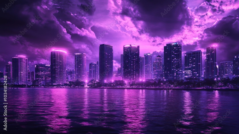 Fototapeta premium Neon Cityscape: Vibrant Skyscrapers Reflecting in Majestic Water under Dramatic Clouds