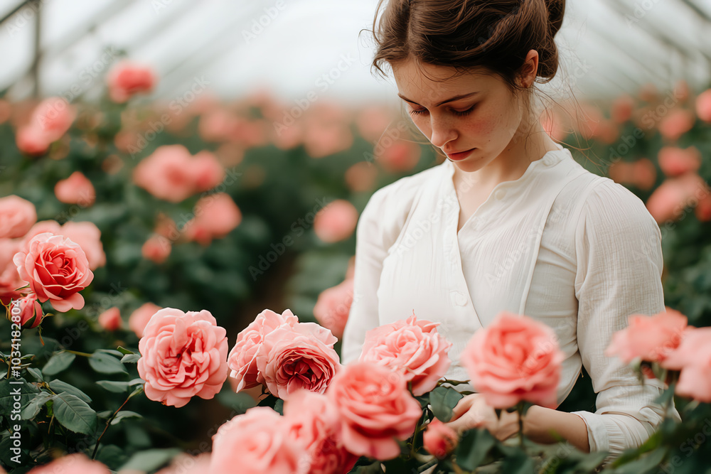 Fototapeta premium Woman admiring pink roses in a greenhouse