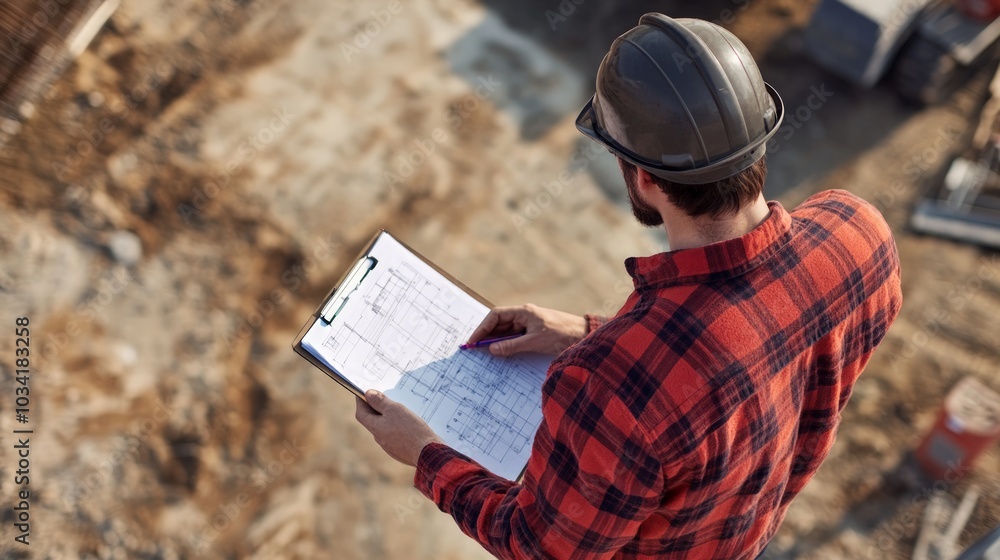 Site supervisor evaluating project plans on a clipboard, surrounded by ongoing construction activities, showcasing teamwork and project management in a dynamic environment. Site supervisor evaluating project plans on a clipboard, surrounded by ongoing construction activities, showcasing teamwork and project management in a dynamic environment.