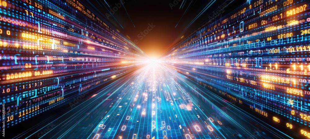 Fototapeta premium Digital Highway Abstract Data Flow with Bright Lights and Binary Code