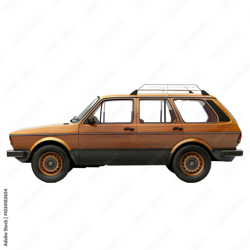 Classic brown station wagon parked on a flat surface, showcasing wood paneling and a roof rack under bright lighting Classic brown station wagon parked on a flat surface, showcasing wood paneling and a roof rack under bright lighting