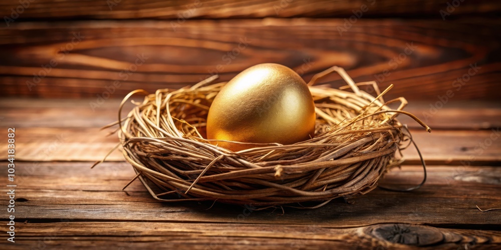A golden egg resting in a woven nest, a symbol of wealth and opportunity, placed on a rustic wooden surface. A golden egg resting in a woven nest, a symbol of wealth and opportunity, placed on a rustic wooden surface.