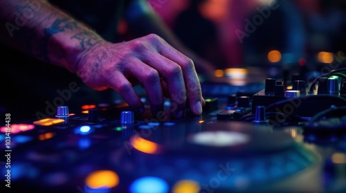 DJ in action close up of DJ mixing music at a party DJ deck detail