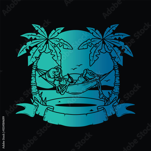 Original vector illustration. Skeleton on the beach in a hammock with the sea in the background.