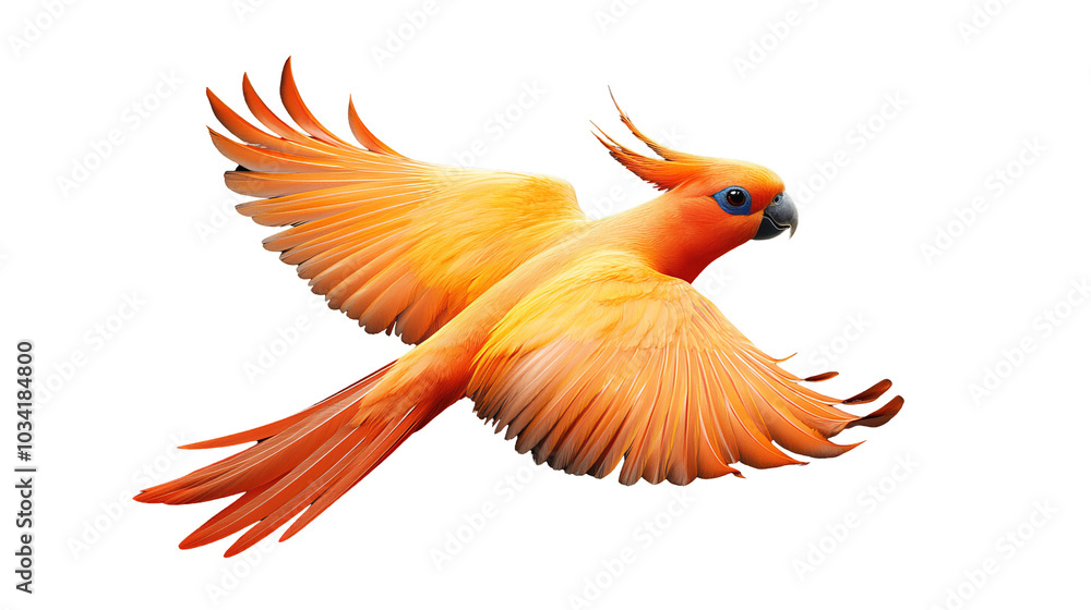Obraz premium Vibrant orange bird with wings spread, white isolated background.