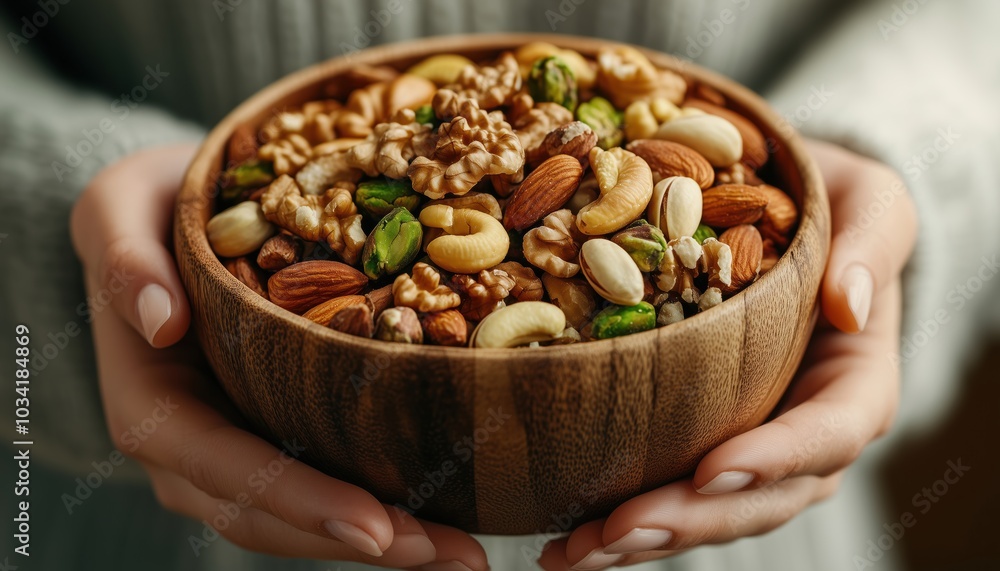 Woman Holding A Wooden Bowl Of Mixed Nuts: A Healthy And Delicious Snack Containing Walnuts, Pistachios, Almonds, Hazelnuts, And Cashews. Woman Holding A Wooden Bowl Of Mixed Nuts: A Healthy And Delicious Snack Containing Walnuts, Pistachios, Almonds, Hazelnuts, And Cashews.