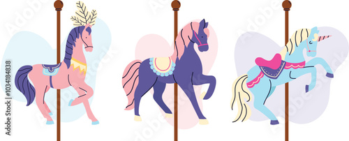 Set carousel horses in doodle hand drawn style. Cartoon cute pink and blue unicorns. Beautiful vintage horses for carousel.