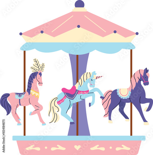 Carousel with horses  in doodle hand draw style. Cartoon cute pink, blue unicorns. Beautiful vintage carousel