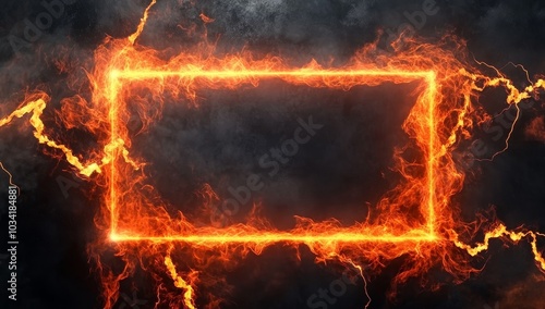 Dynamic fiery frame with lightning effects against a dark background