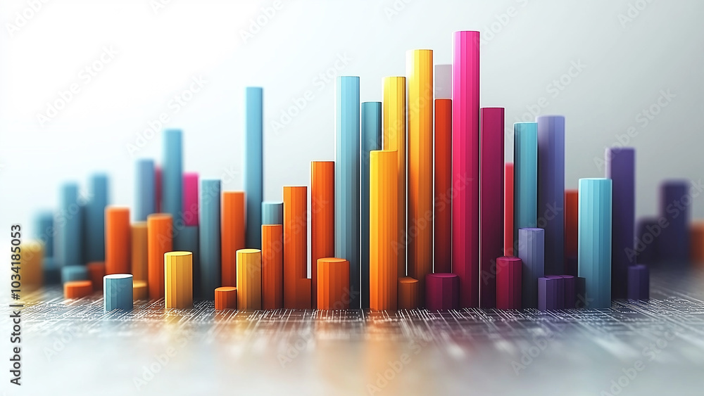 A vibrant 3D bar chart, made from multiple vertical cylinder shapes, stands out against a white backdrop. For business charts or data visualization. A vibrant 3D bar chart, made from multiple vertical cylinder shapes, stands out against a white backdrop. For business charts or data visualization.