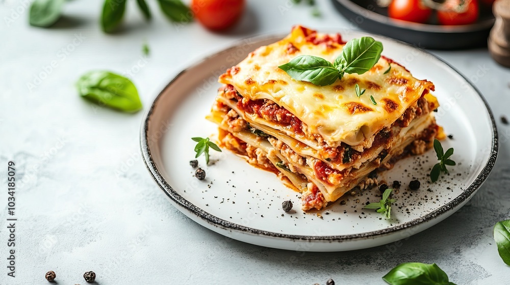 A slice of lasagna served on a white plate with fresh tomatoes and basil A slice of lasagna served on a white plate with fresh tomatoes and basil