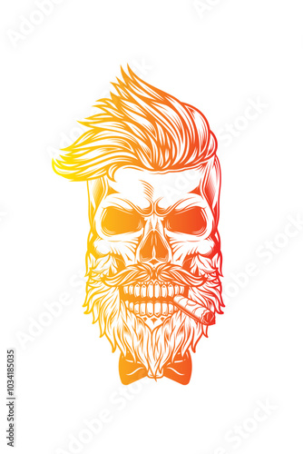 Hipster skull with beard and mustache with cigar in mouth.. Original vector illustration in vintage style. T-shirt design.