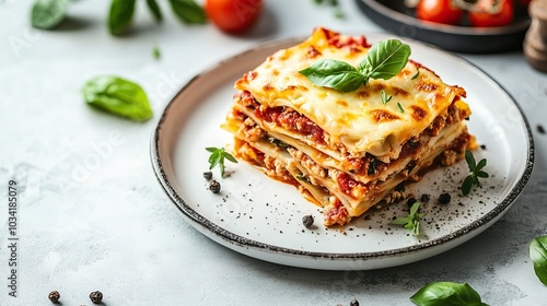 A slice of lasagna served on a white plate with fresh tomatoes and basil