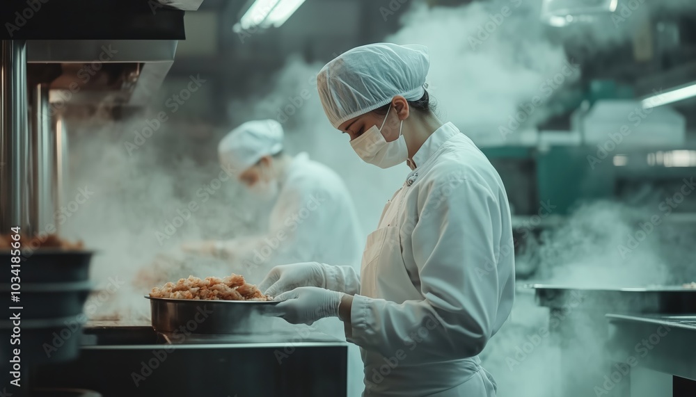 Worker In Food Processing Plant Diligently Preparing Food Items On The Production Line To Meet High Quality And Safety Standards. Worker In Food Processing Plant Diligently Preparing Food Items On The Production Line To Meet High Quality And Safety Standards.