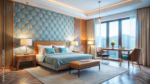 Modern bedroom with a view featuring a large bed with teal and white linens, a large window with sheer curtains, a wooden headboard, and a geometric wall design