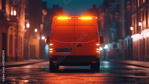 Ambulance rushing through a city street at night, with glowing emergency lights illuminating the urban landscape, 3D illustration