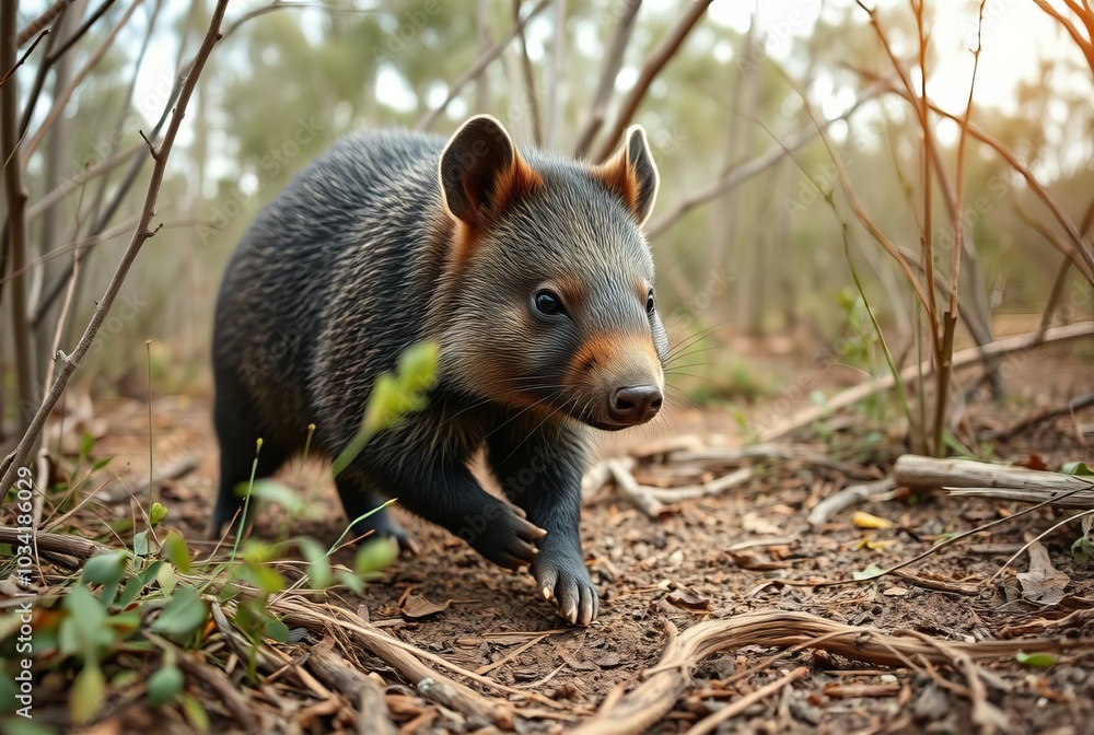 Fototapeta premium Wombat waddling through Australian bush low angle shot