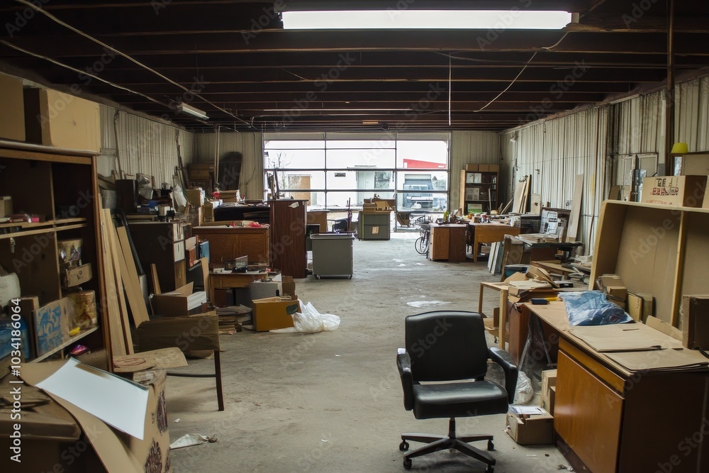 Daylit cluttered workspace with furniture and boxes Daylit cluttered workspace with furniture and boxes