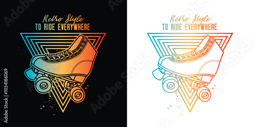 Roller skates in neon style. Original vector illustration in vintage style. T-shirt design.