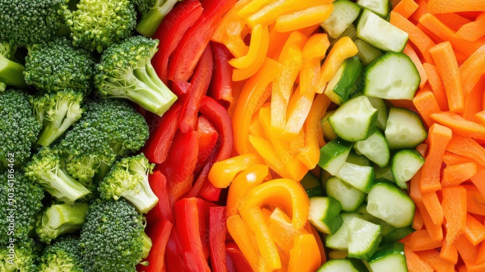 A colorful arrangement of fresh vegetables carrots, broccoli, bell peppers sliced thinly for preparing a traditional vegetarian stir-fry A colorful arrangement of fresh vegetables carrots, broccoli, bell peppers sliced thinly for preparing a traditional vegetarian stir-fry