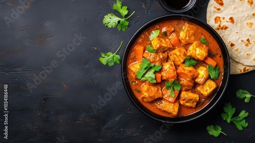 A bowl of vegan Thai yellow curry with sweet potatoes, carrots, and tofu chunks, served with a side of soft roti