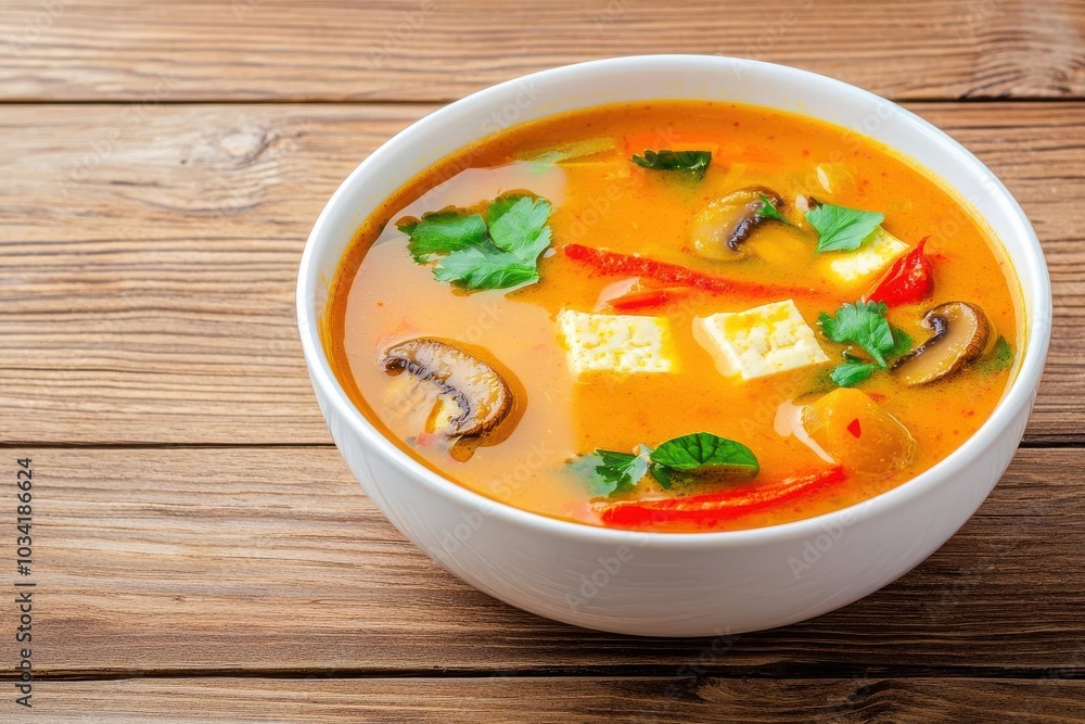 A delicate bowl of vegan tom yum soup, filled with tofu, mushrooms, and bright, colorful vegetables floating in a fragrant broth A delicate bowl of vegan tom yum soup, filled with tofu, mushrooms, and bright, colorful vegetables floating in a fragrant broth