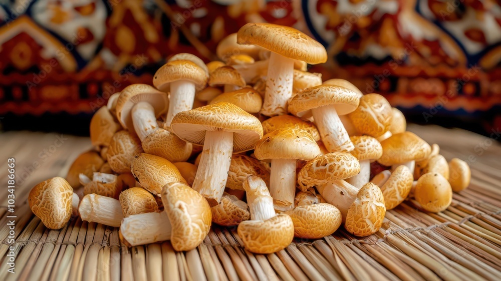 A pile of fresh, golden shiitake mushrooms displayed on a bamboo mat, with intricate Thai patterns in the background A pile of fresh, golden shiitake mushrooms displayed on a bamboo mat, with intricate Thai patterns in the background