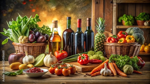 Vibrant Vector of Fresh Vegetables, Food Ingredients, and Wine Bottles for Culinary Designs