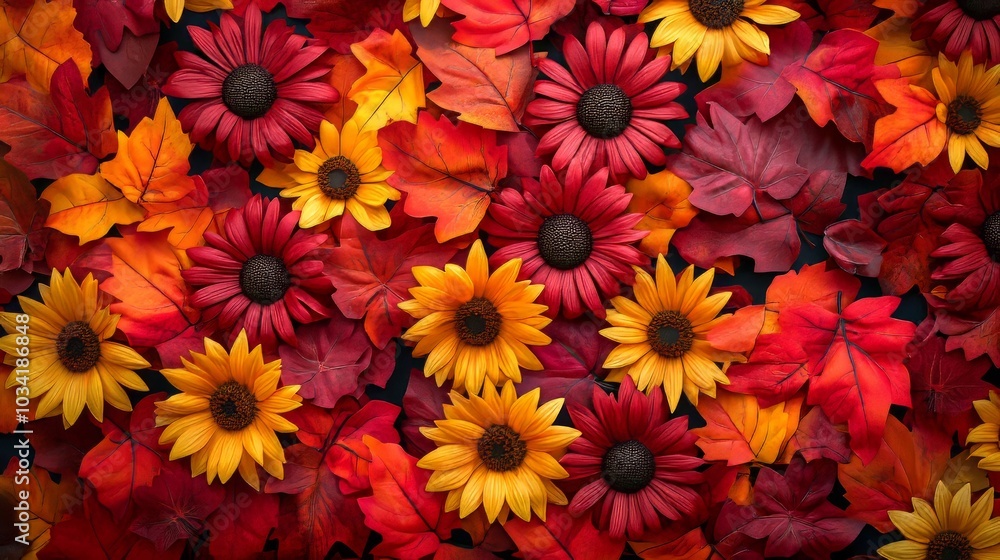 Autumn leaves and sunflowers in a flat lay pattern on a blue background. Autumn leaves and sunflowers in a flat lay pattern on a blue background.