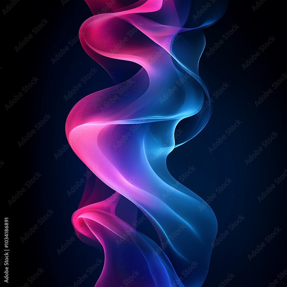 A vibrant abstract design featuring flowing waves of pink and blue against a dark background.