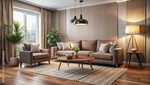 A cozy living room with a comfortable sofa, stylish furniture, and a modern lamp, furniture, lamp, sofa, house, interior