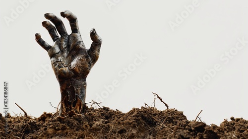 **Zombie Hand Emerging from Burial Ground Isolated on White Background for Horror Themes**