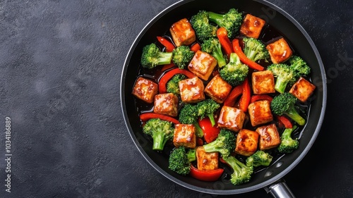 A vegan stir-fry in process with crispy tofu, bright green broccoli, and red bell peppers tossed with soy sauce in a sizzling pan