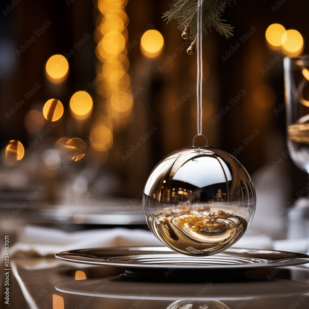 Christmas dinner setting with a festive table an elegant bokeh candlelight and mirroring bauble. Christmas dinner setting with a festive table an elegant bokeh candlelight and mirroring bauble.