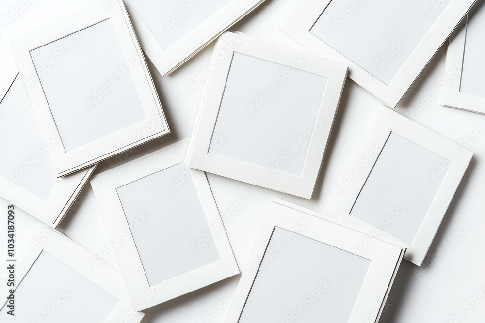 A collection of empty white photo frames stacked on a light surface, ready for your favorite memories. A collection of empty white photo frames stacked on a light surface, ready for your favorite memories.