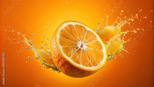 A juicy orange slice bursts into a refreshing splash of citrusy delight against a vibrant orange backdrop.