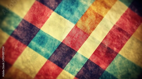 Close up of a colorful checkered pattern with faded, vintage texture.