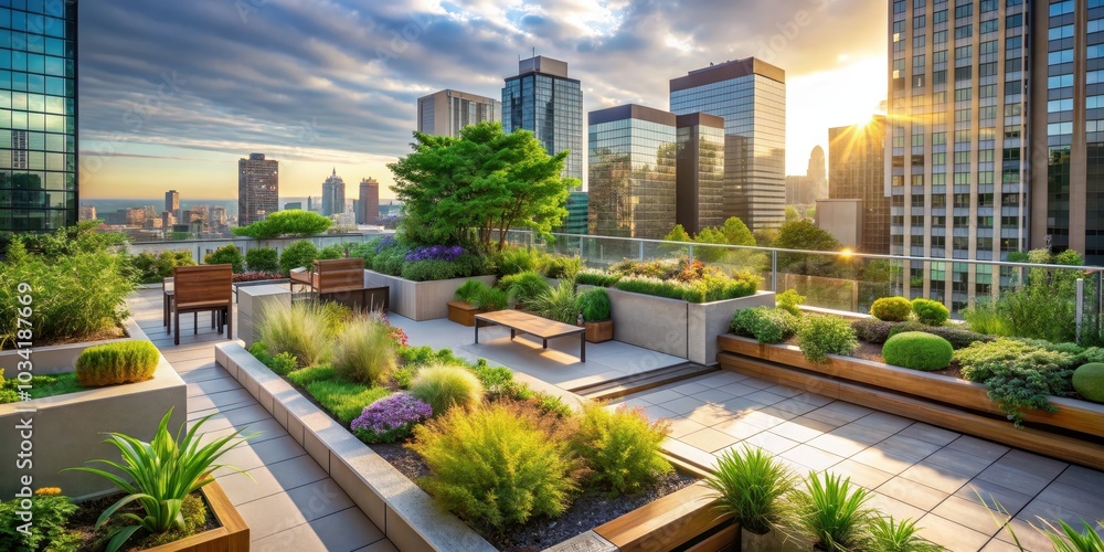Fototapeta premium Closeup of a rooftop garden oasis in the city, rooftop, garden, oasis, city, urban, closeup, greenery, plants, design